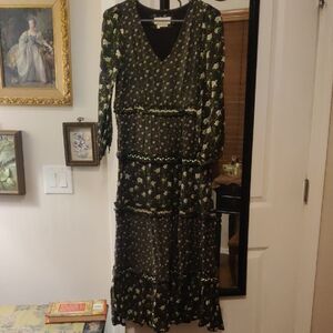 Anthropologie Black and Green Floral Long Sleeve Dress